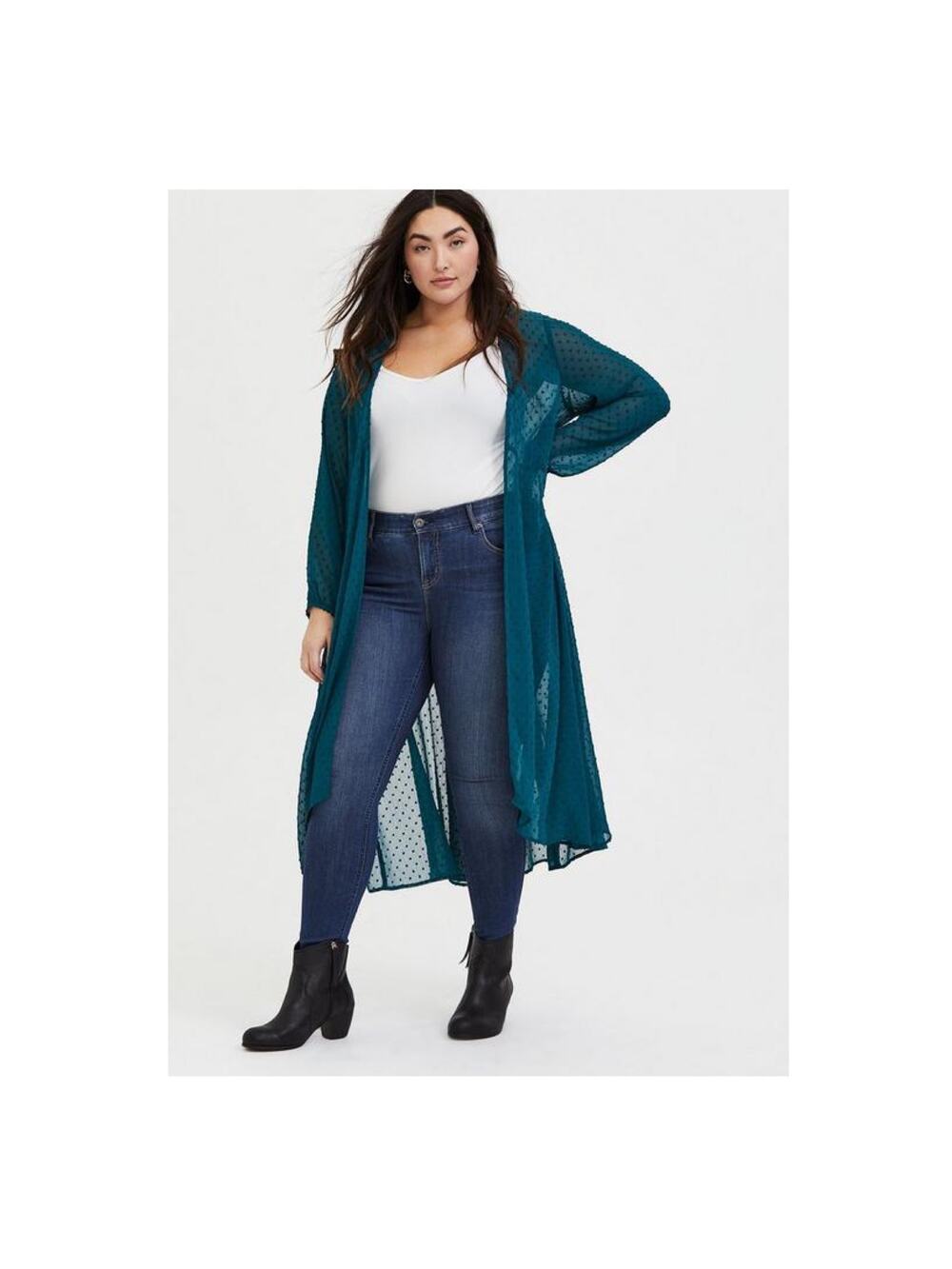 Torrid Teal Green Clip Dot Chiffon Kimono Sz.0